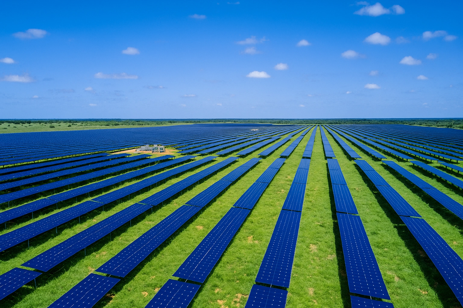 Usina solar com centenas de painéis fotovoltaicos alinhados sob céu azul.