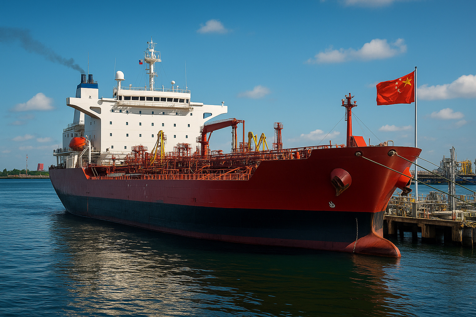 Navio petroleiro russo descarrega petróleo em porto chinês com bandeira da China ao fundo