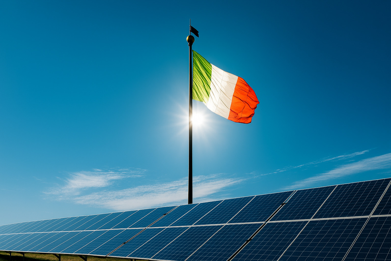 Bandeira da Itália tremulando em um mastro com placas solares no chão sob um céu azul limpo.