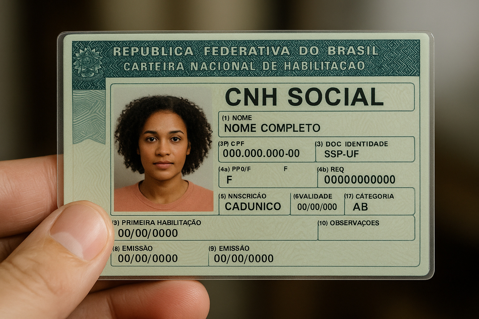 Carteira Nacional de Habilitação Social sendo segurada por uma mão, destacando dados e foto da condutora.