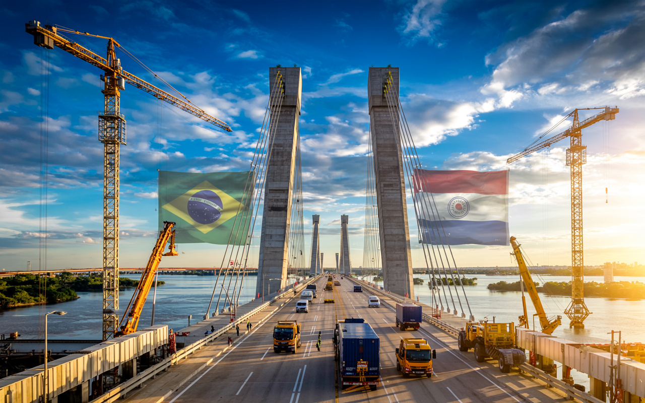 Com 75% das obras concluídas, a Ponte da Rota Bioceânica ligará Brasil e Paraguai e deve ser inaugurada em 2026, prometendo reduzir custos logísticos e transformar o comércio do Mercosul com a Ásia.