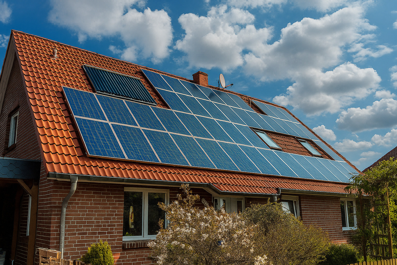Casa de tijolos com telhado de telhas cerâmicas equipada com painéis solares sob céu azul com nuvens.