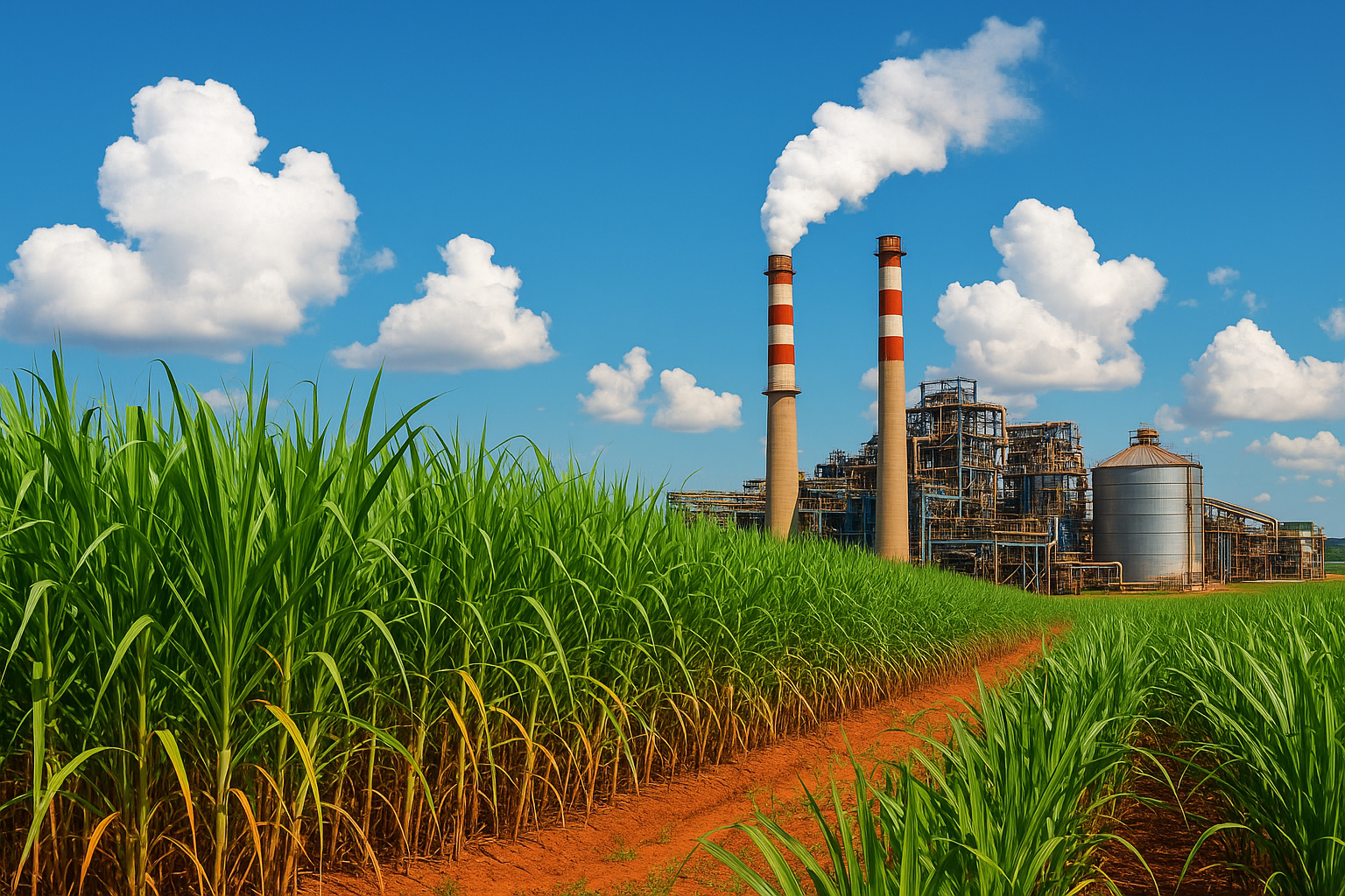 Usina de etanol no Brasil com canavial e chaminés liberando vapor limpo sob céu azul