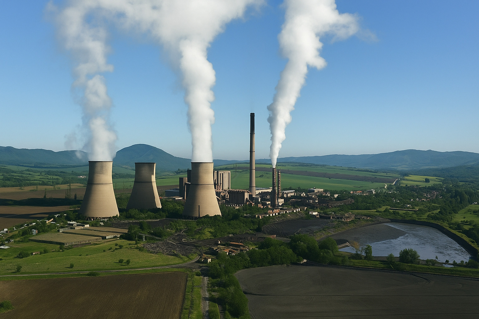 Usina industrial com torres de resfriamento emitindo vapor sob um céu limpo.