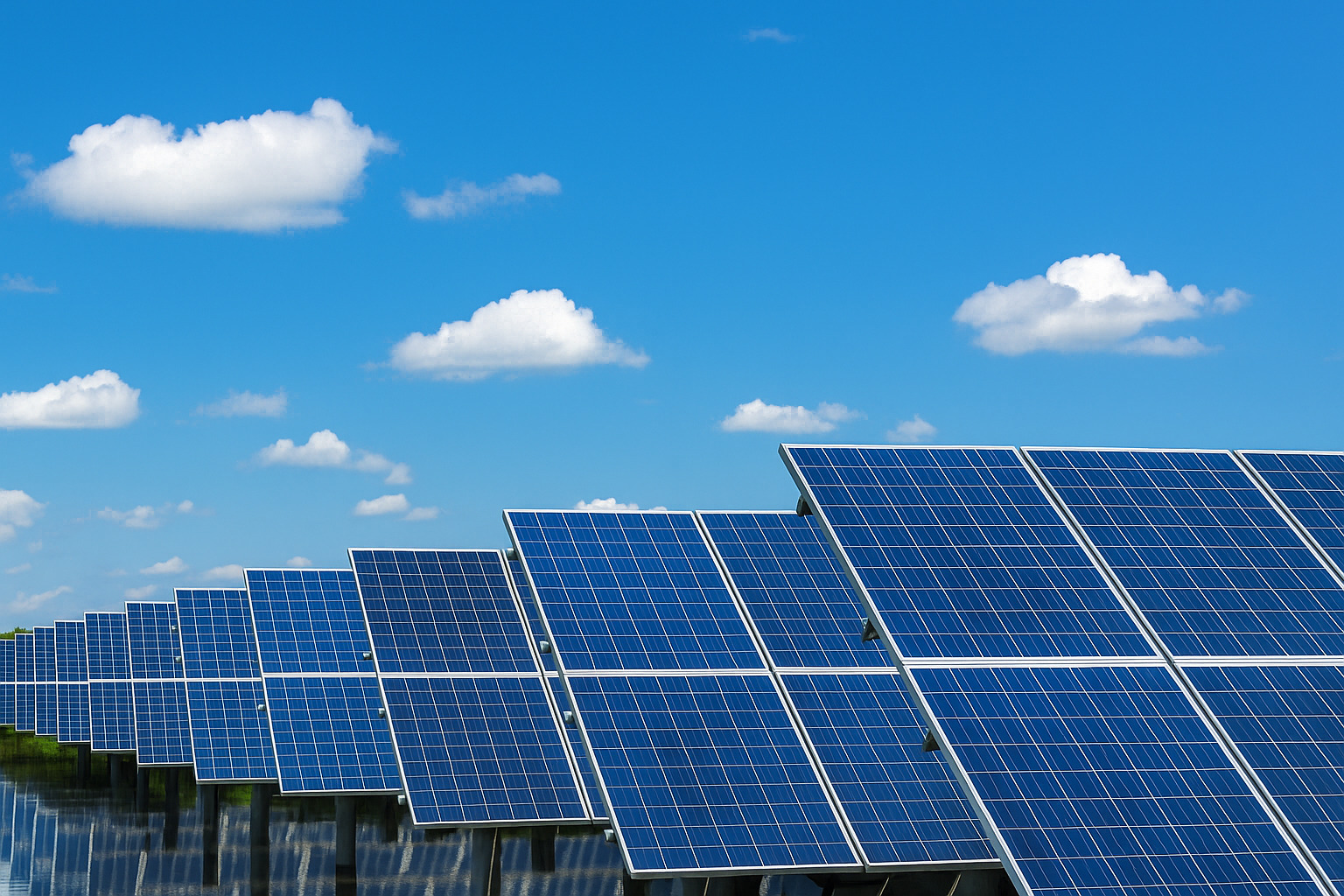 Placas solares alinhadas em um campo refletindo a luz intensa do meio-dia sob um céu claro com poucas nuvens.