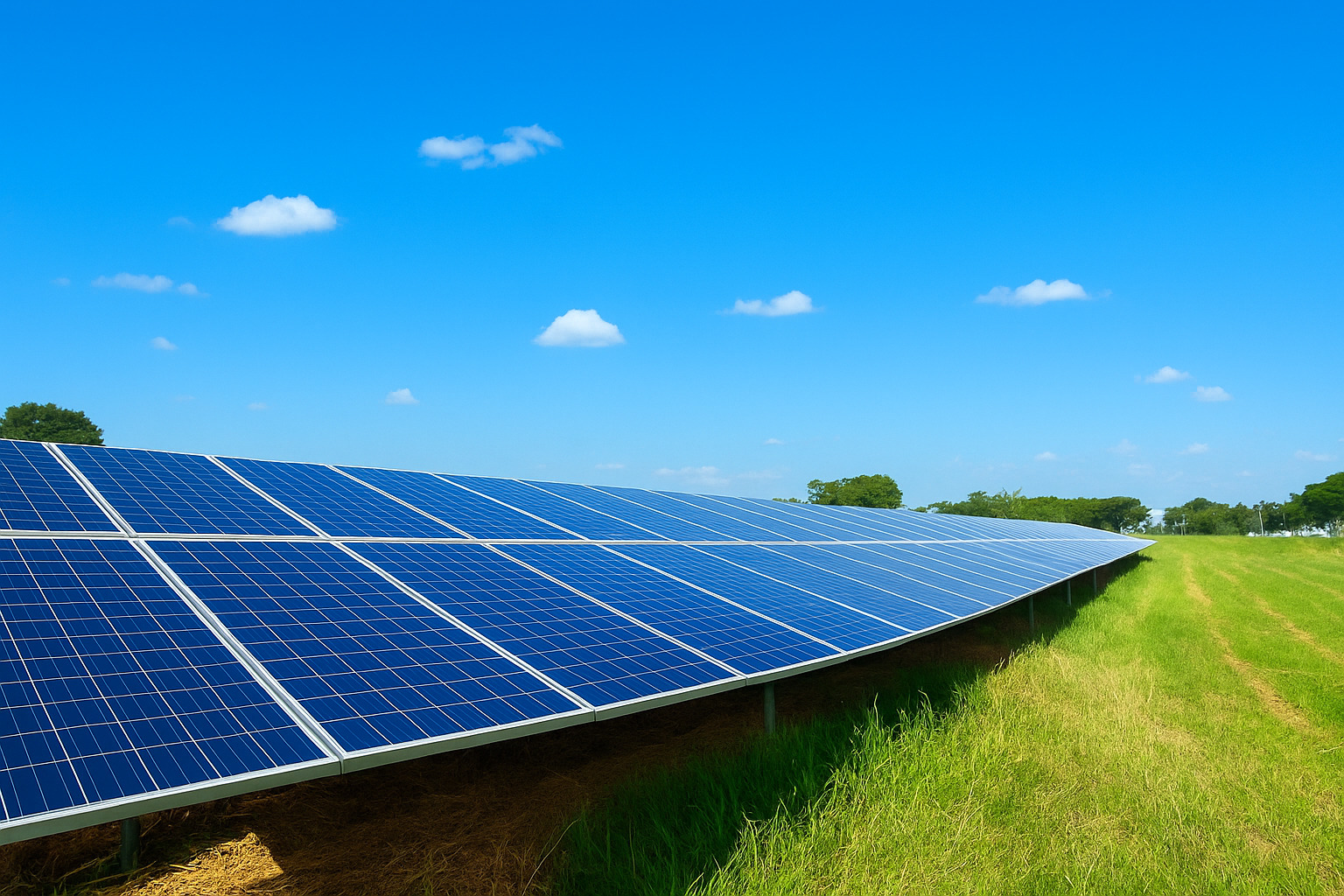 Painéis solares instalados em um campo verde sob um céu azul de meio-dia com poucas nuvens.