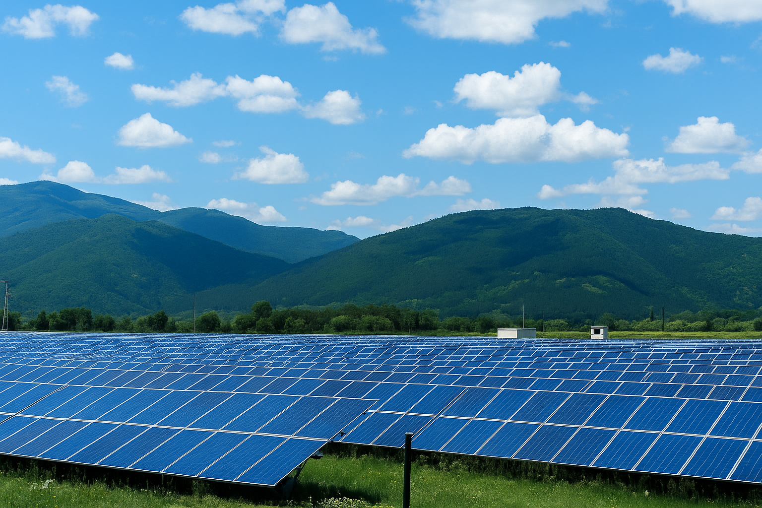 Usina solar em meio a montanhas, sob céu parcialmente nublado durante o meio-dia.