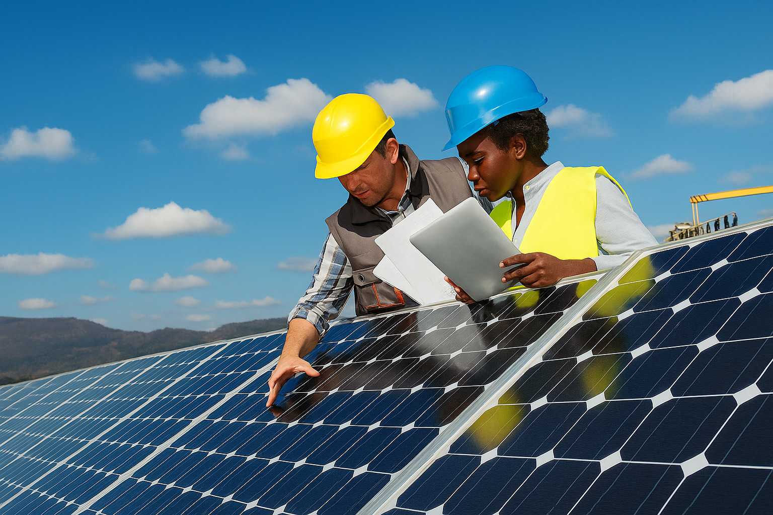 Dois profissionais de energia solar, um homem e uma mulher negra, inspecionam painéis solares sob um céu azul com poucas nuvens.