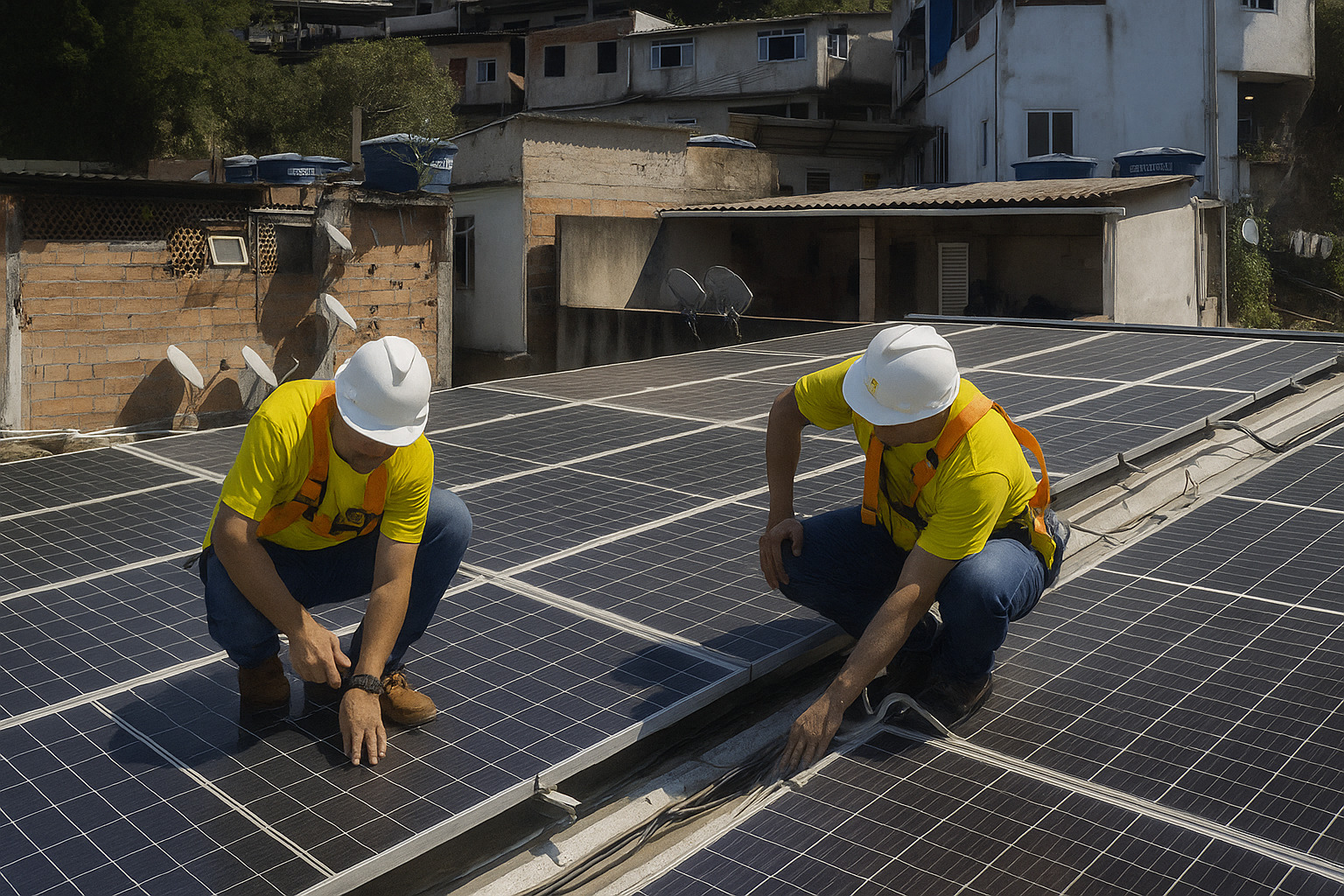 Dois trabalhadores instalam painéis solares no telhado de uma residência em área urbana.