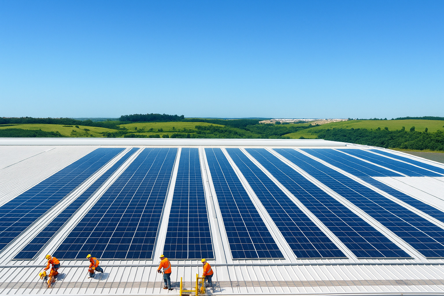 Instalação de painéis solares em telhado industrial com trabalhadores em atividade sob céu limpo.