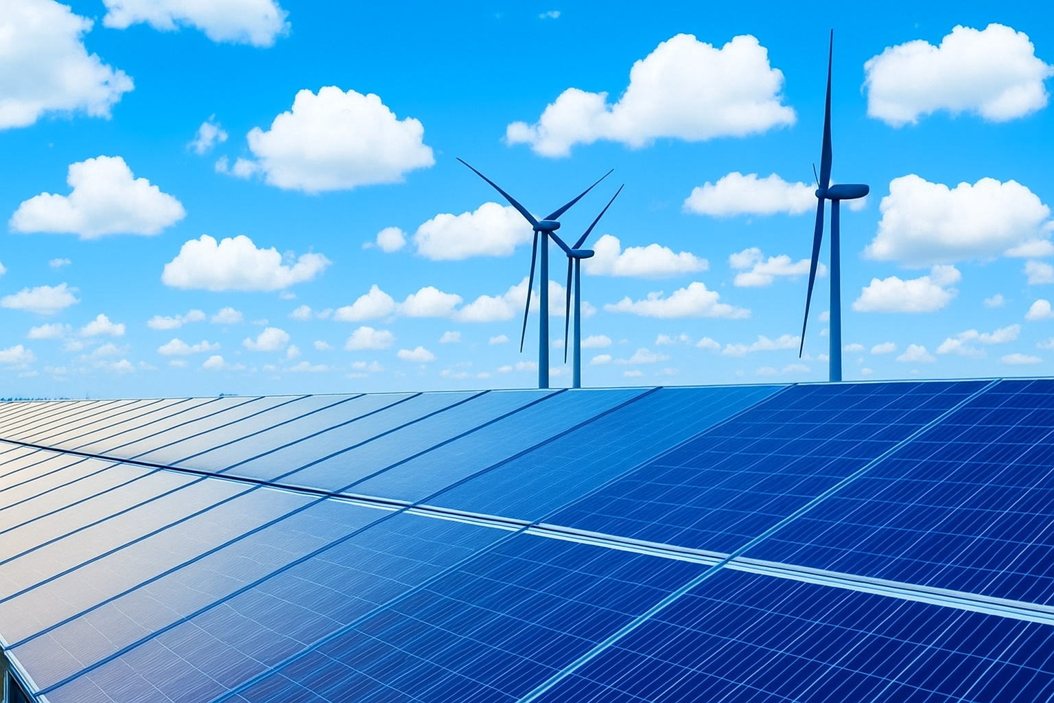 Painéis solares e turbinas eólicas sob céu azul com nuvens ao meio-dia.