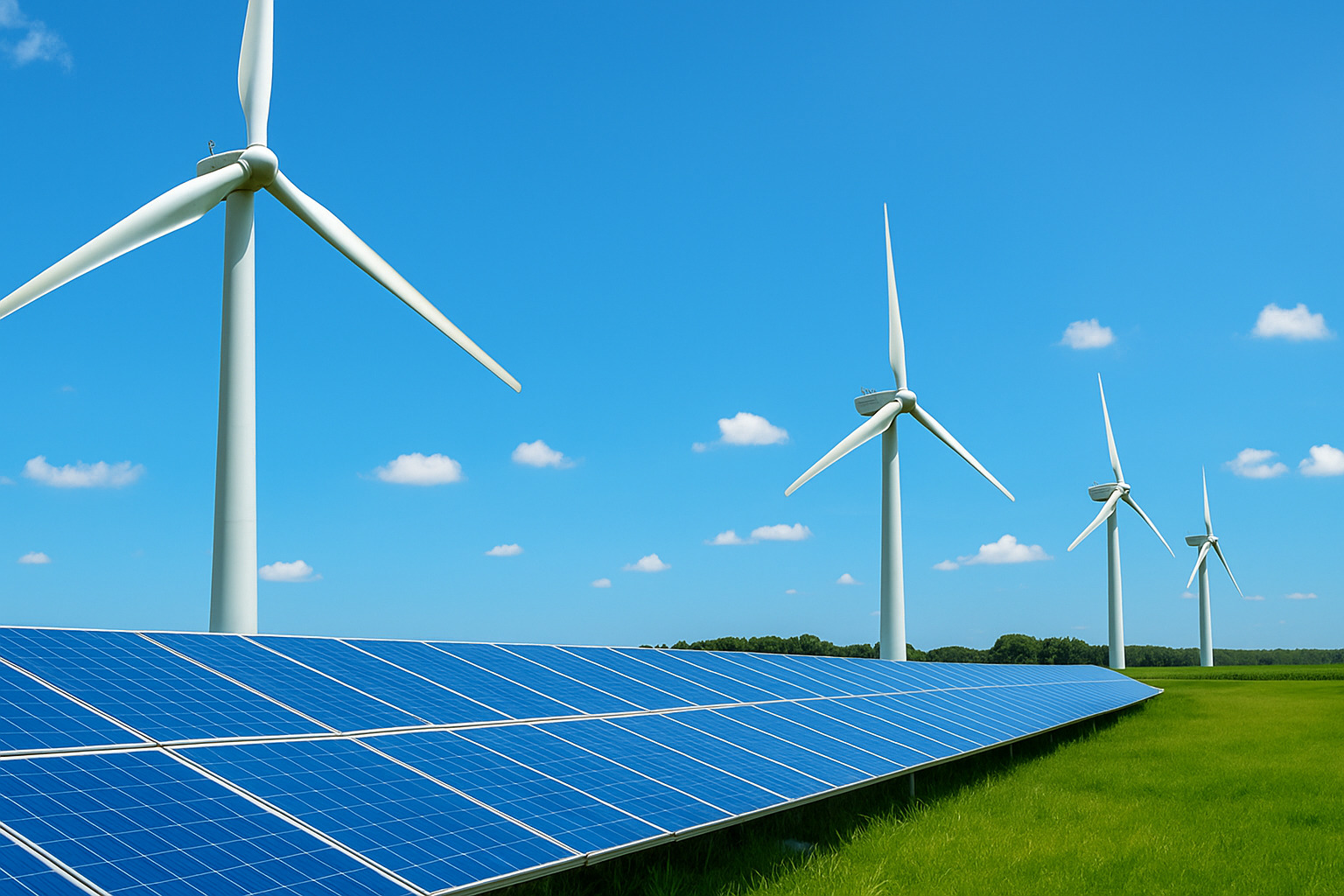 Painéis solares e turbinas eólicas em campo verde sob céu azul claro ao meio-dia.
