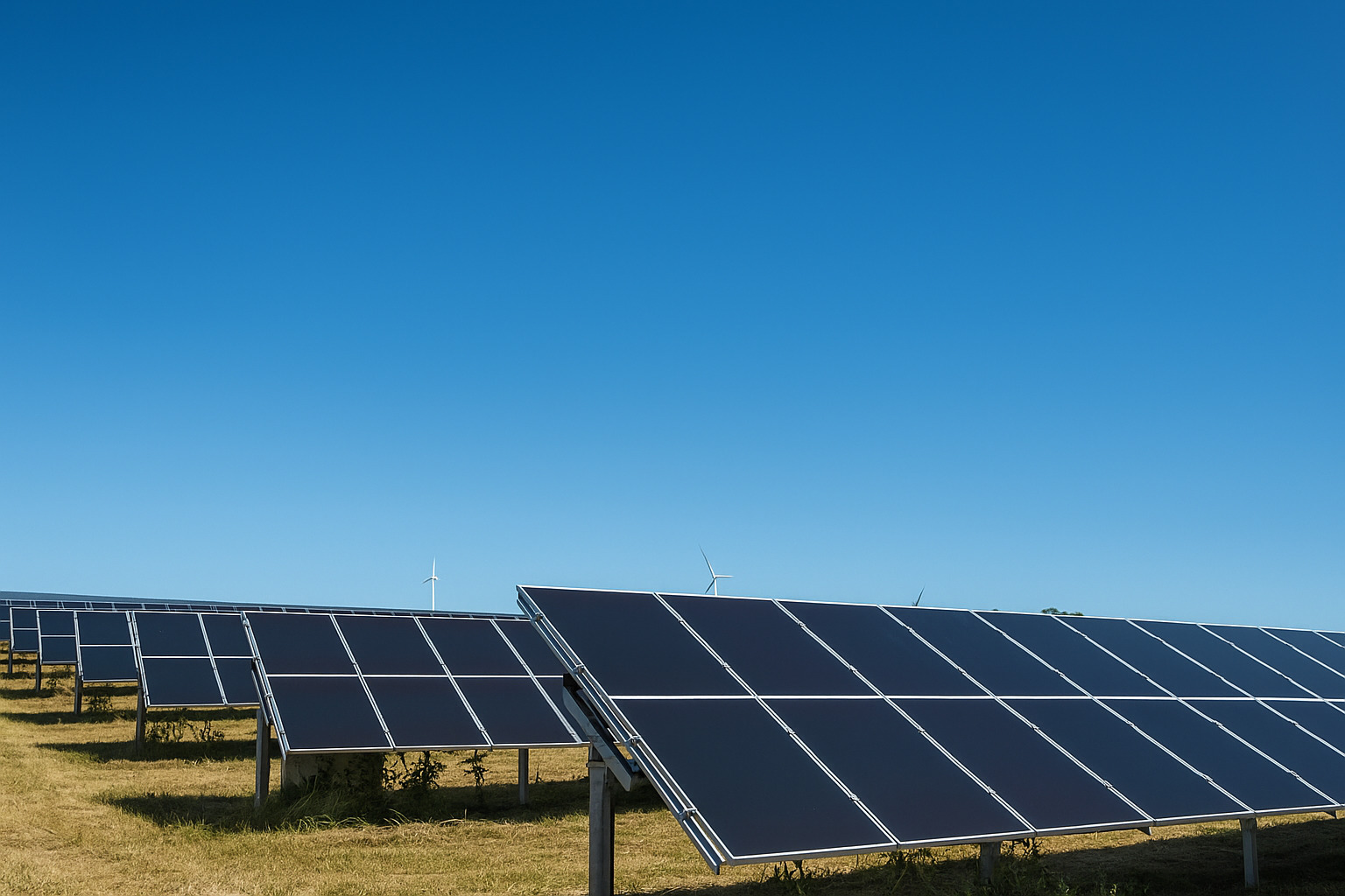 Painéis solares instalados em campo sob céu limpo ao meio-dia.