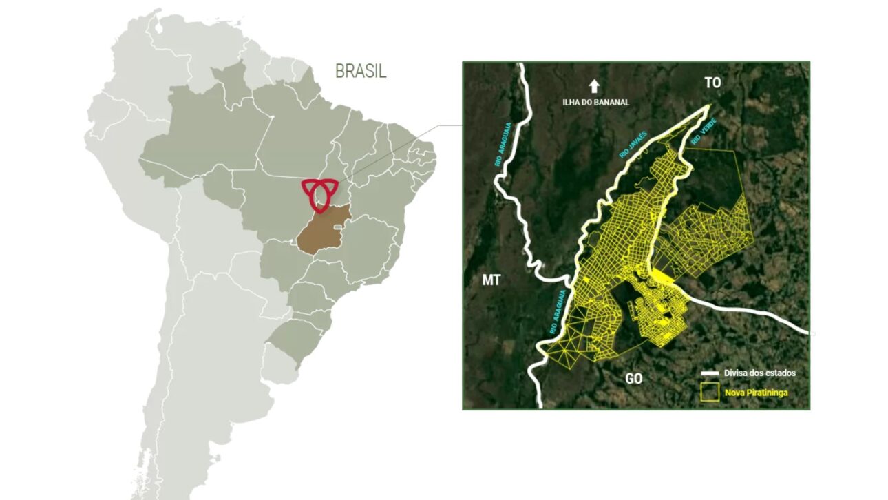 Mapa de la propiedad con división territorial, mostrando claramente los límites administrativos de la finca entre Goiás y Tocantins, destacando su alcance territorial.