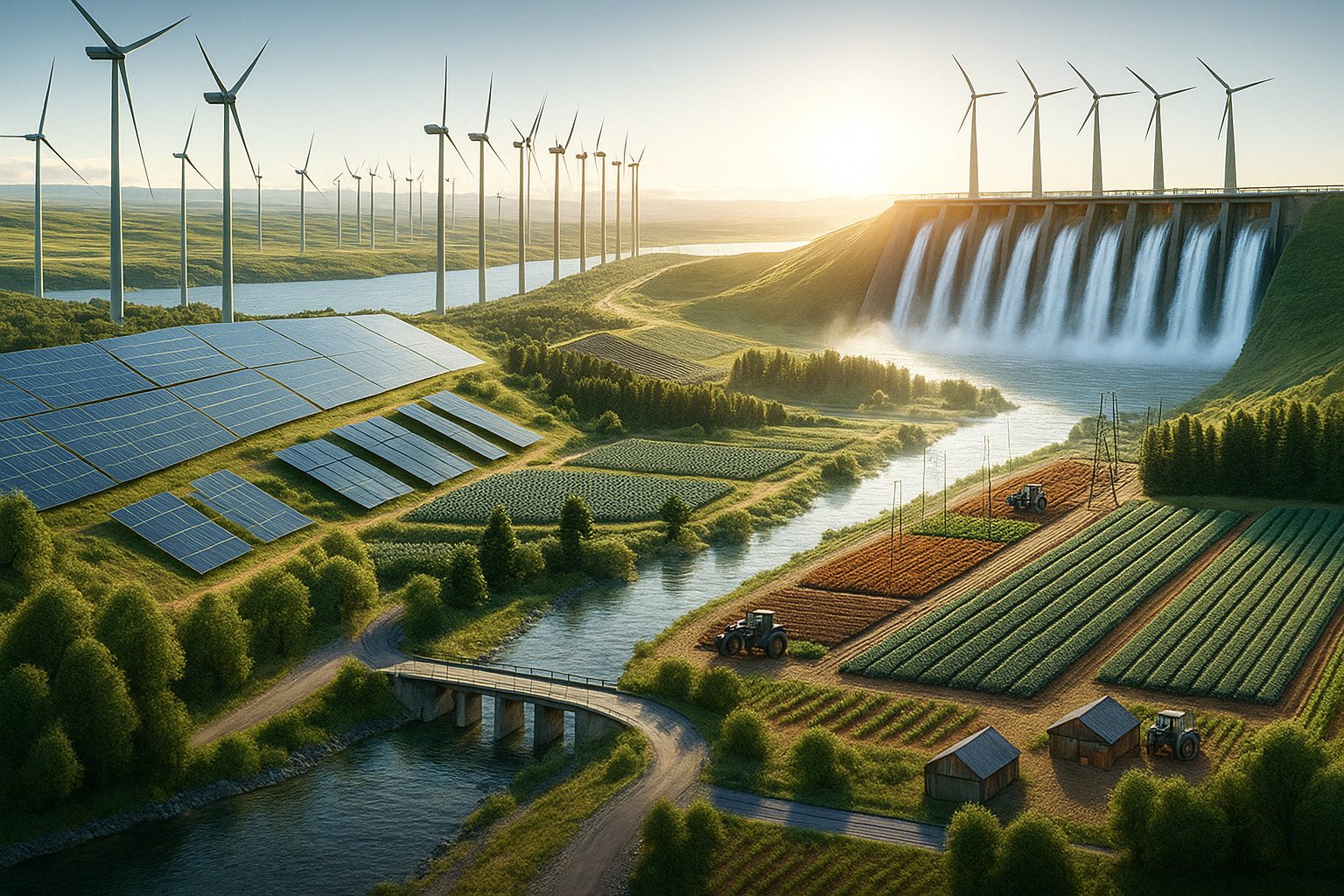 Paisagem realista ao pôr do sol com usina hidrelétrica, turbinas eólicas, painéis solares e área agrícola integrada.