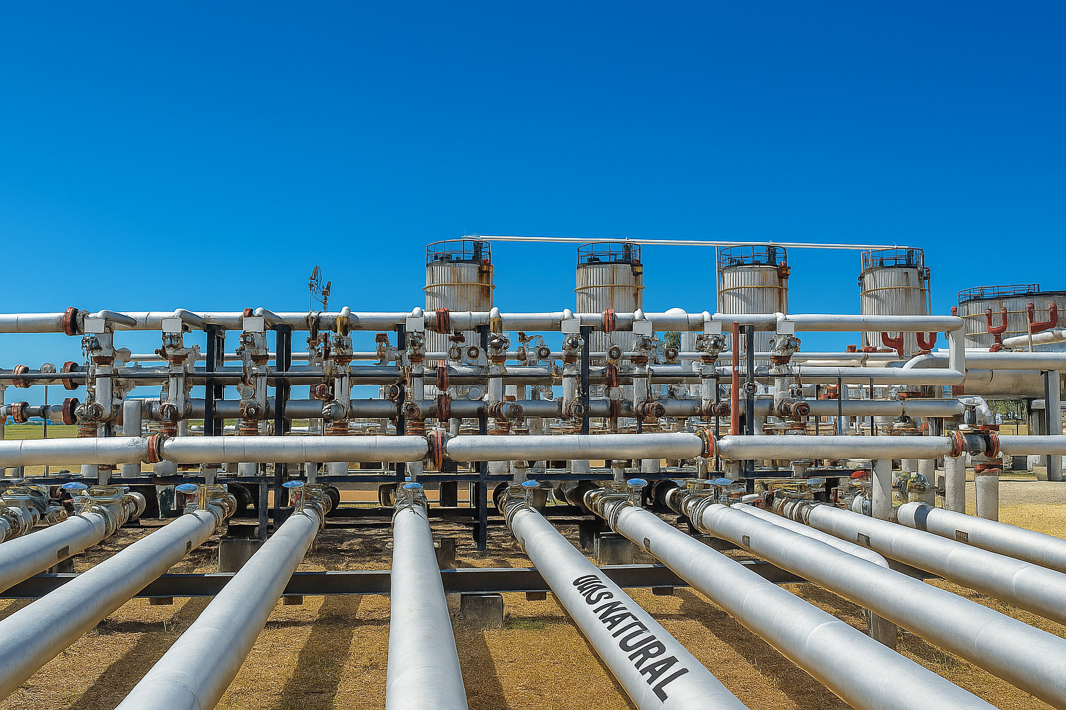 Estrutura de dutos industriais de transporte de gás natural em área externa, sob céu limpo.