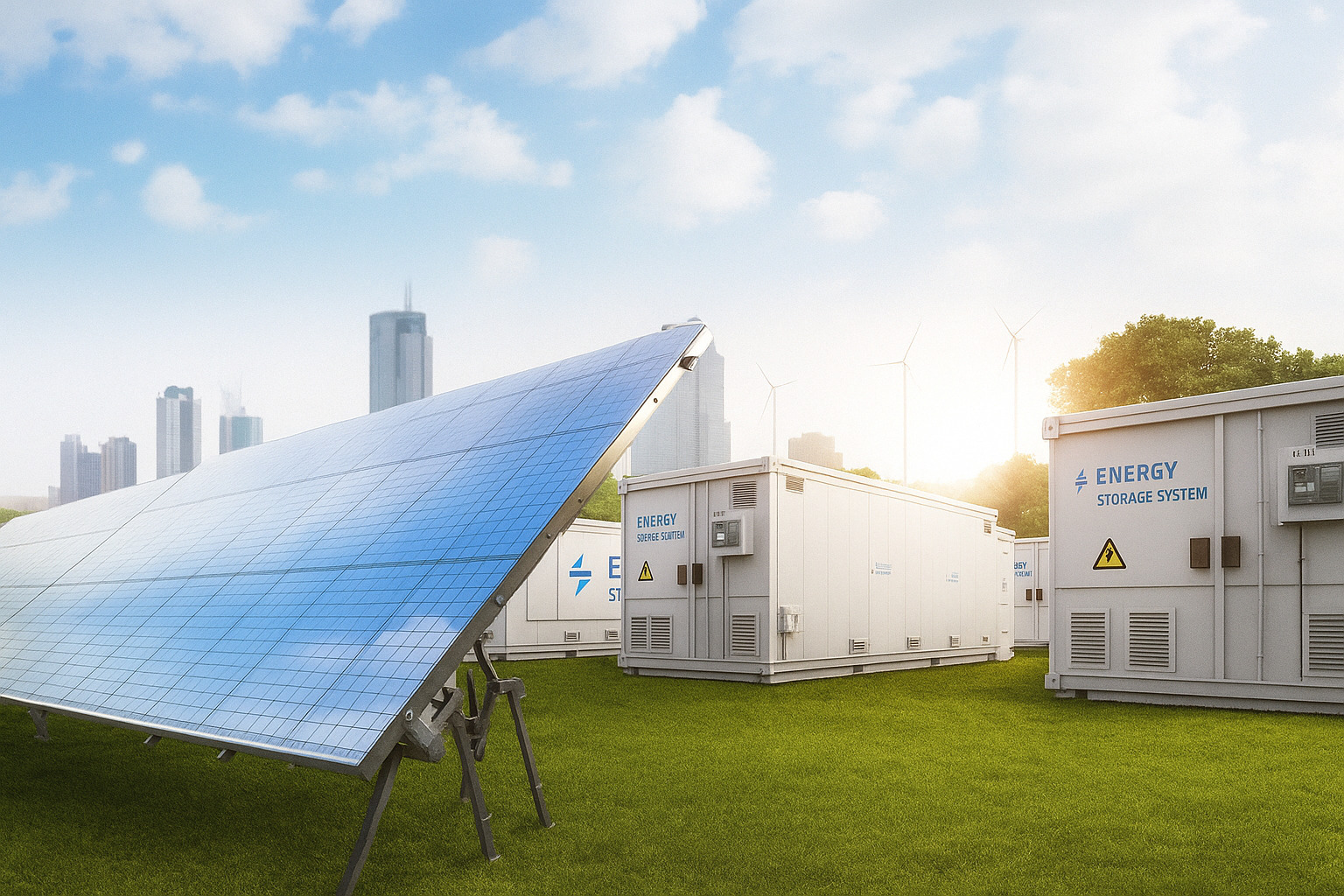 Painéis solares e sistemas de armazenamento de energia em área verde com cidade ao fundo.