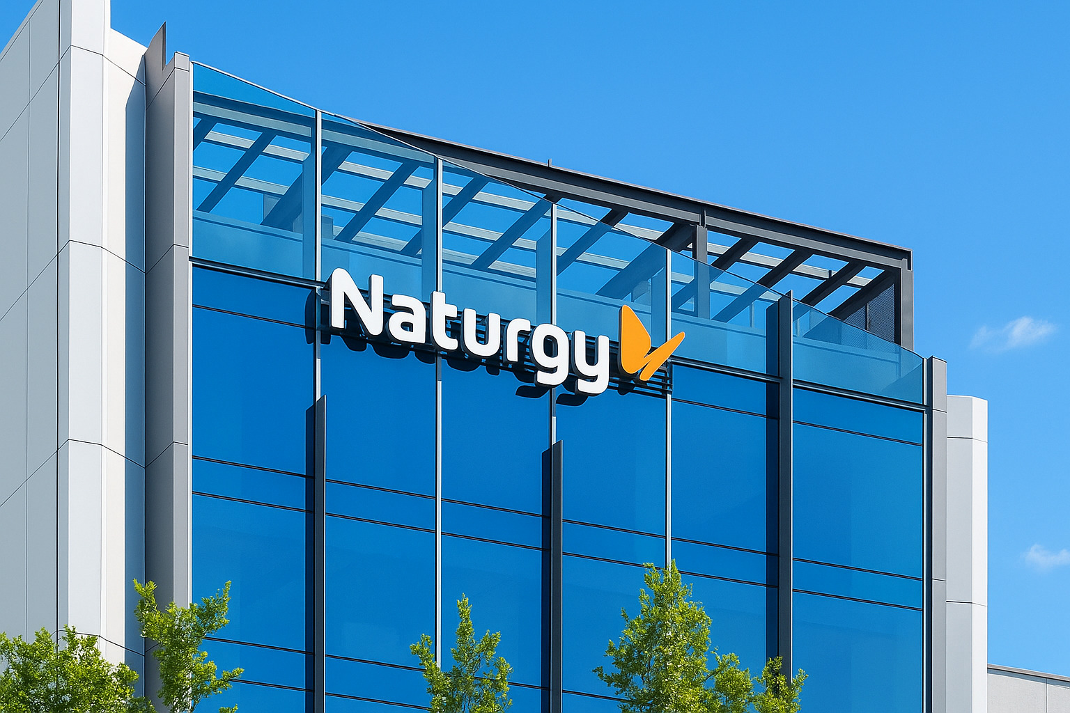 Fachada do prédio da Naturgy com logotipo em destaque sob céu limpo ao meio-dia.