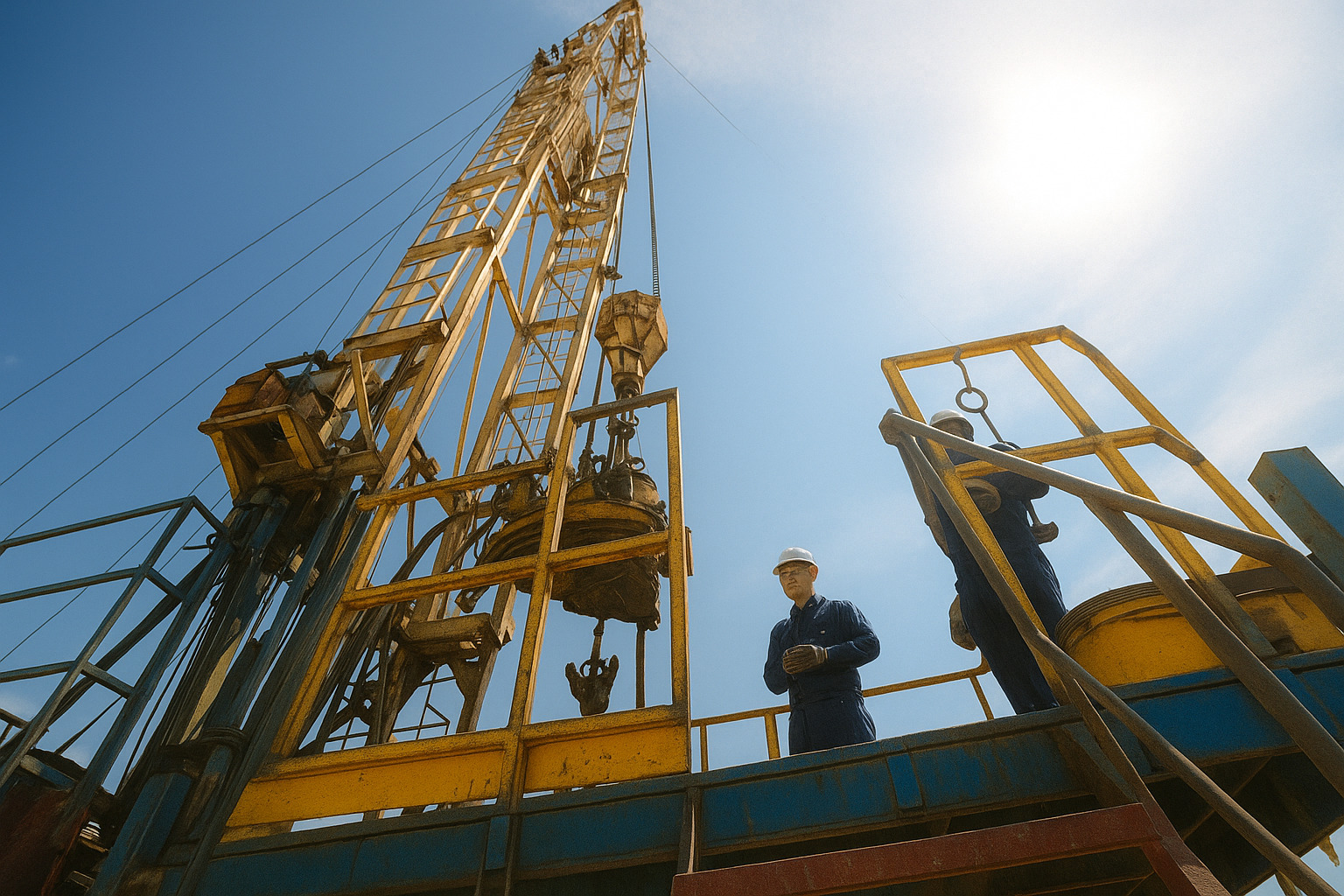 Trabalhadores em plataforma de perfuração, com estrutura metálica iluminada pelo sol deslocado, permitindo maior visibilidade da área de operação.