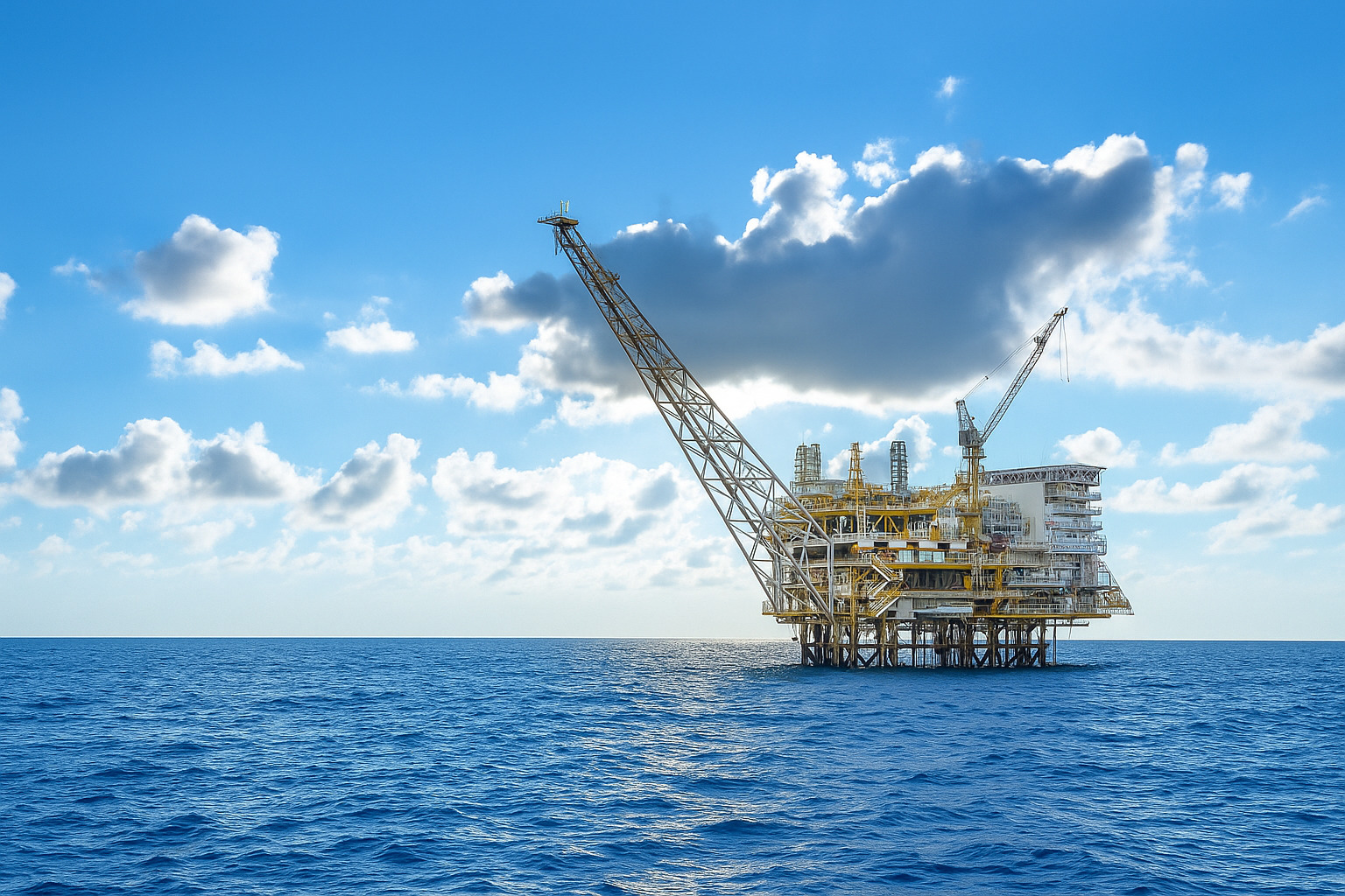 Plataforma de petróleo offshore em mar aberto sob céu azul com nuvens ao meio-dia.