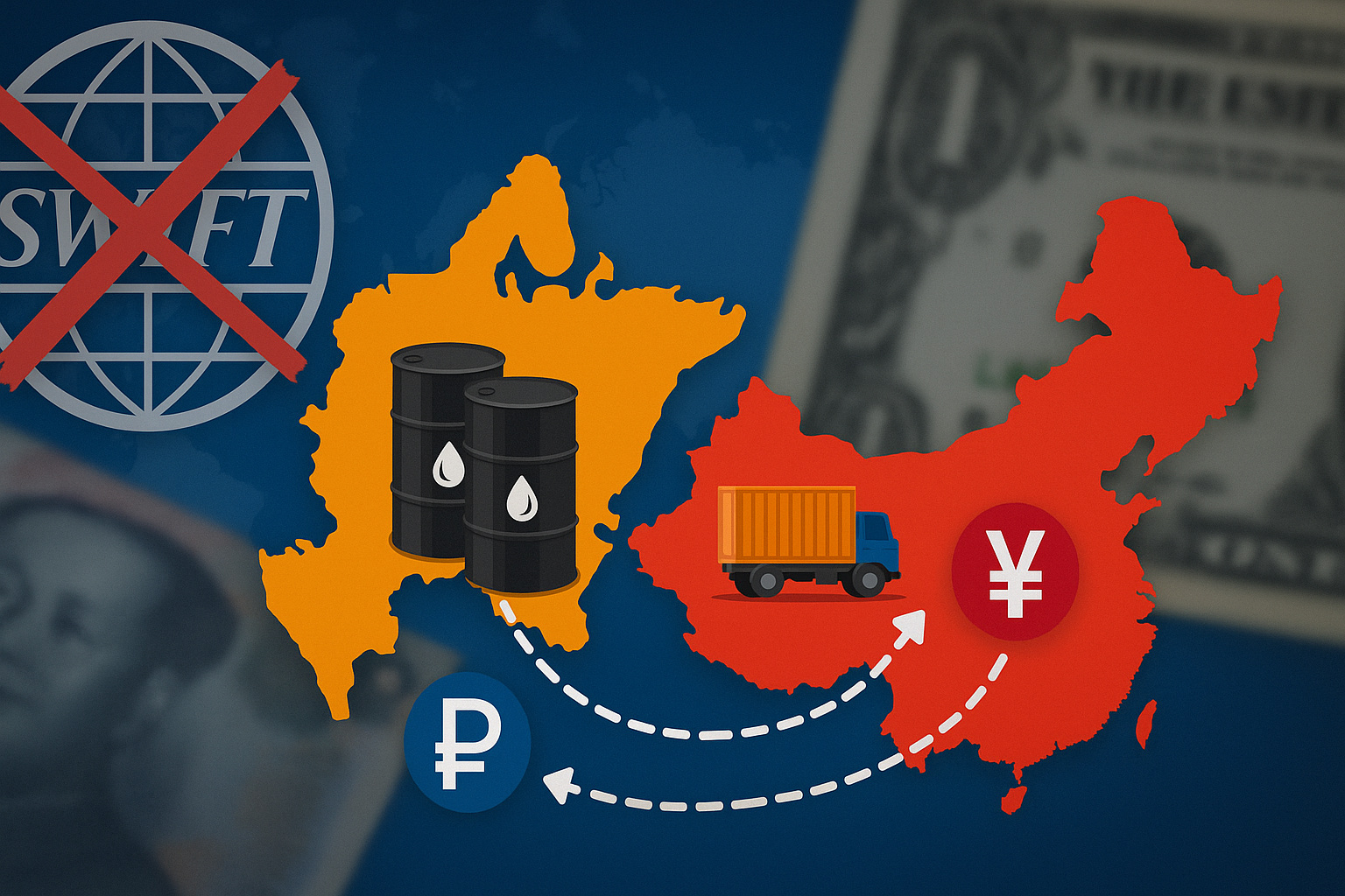 Rússia troca SWIFT por SPFS e intensifica comércio com China, Índia e Irã em rublo e yuan, desafiando o domínio do dólar no setor de energia global.