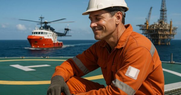 Trabalhador offshore emocionado ao lado de heliponto, com navio vermelho e branco e helicóptero ao fundo, simbolizando superação após acidente.
