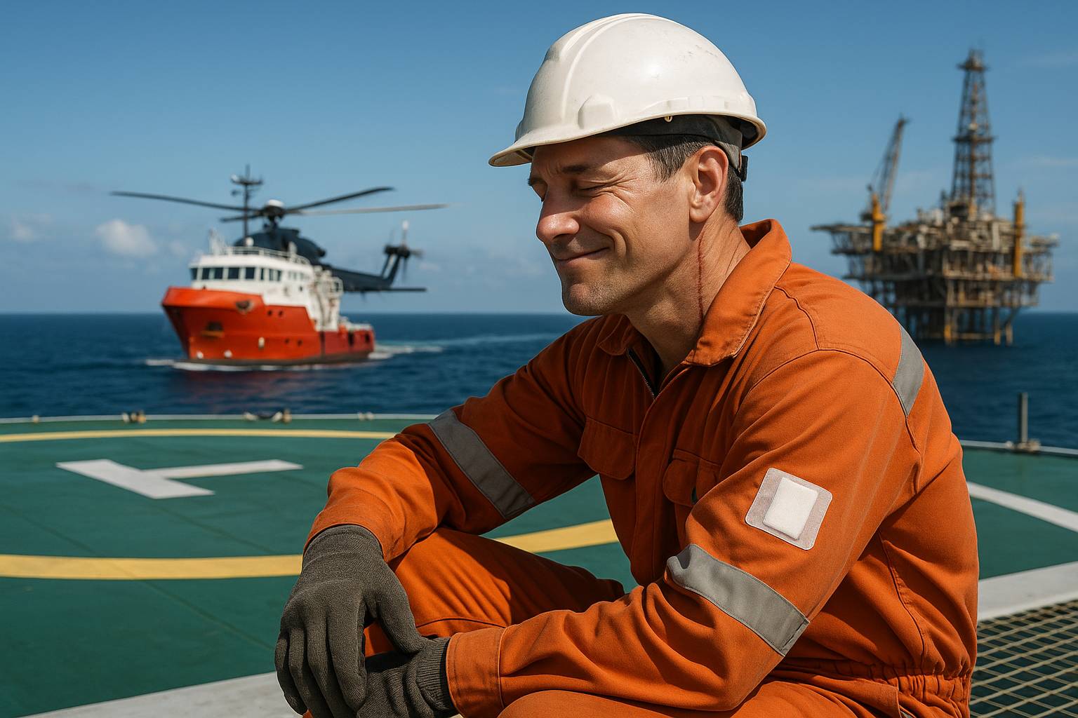 Trabalhador offshore emocionado ao lado de heliponto, com navio vermelho e branco e helicóptero ao fundo, simbolizando superação após acidente.