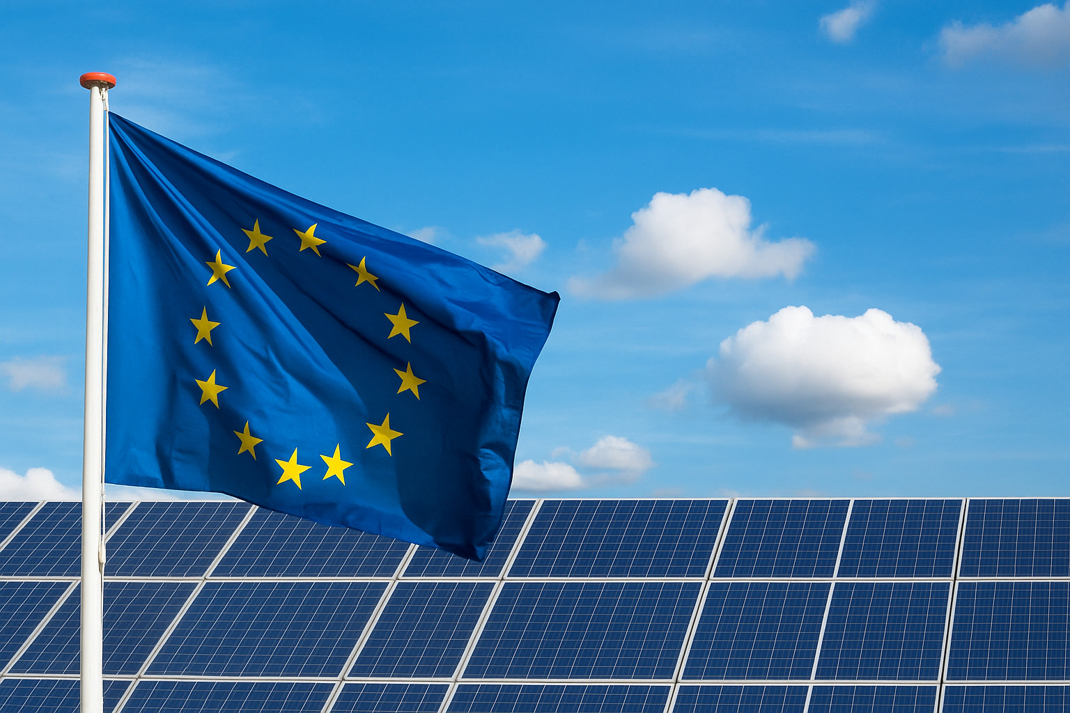 Bandeira da União Europeia tremulando ao lado de painéis solares sob céu azul com poucas nuvens