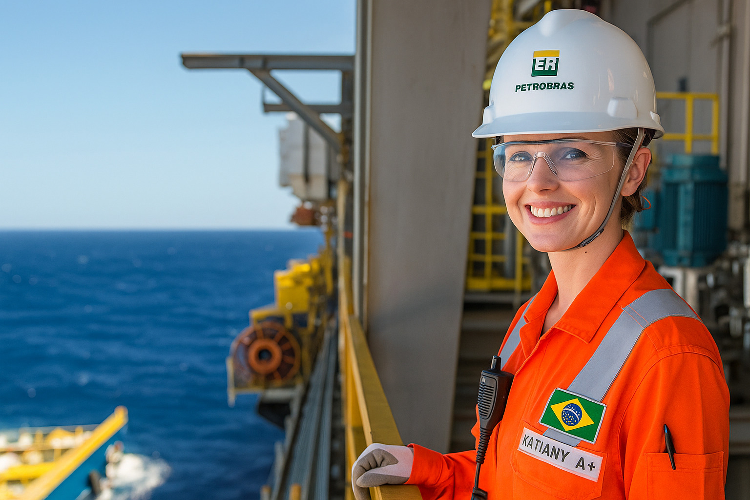 Profissional da Petrobras sorrindo em plataforma de petróleo no mar.