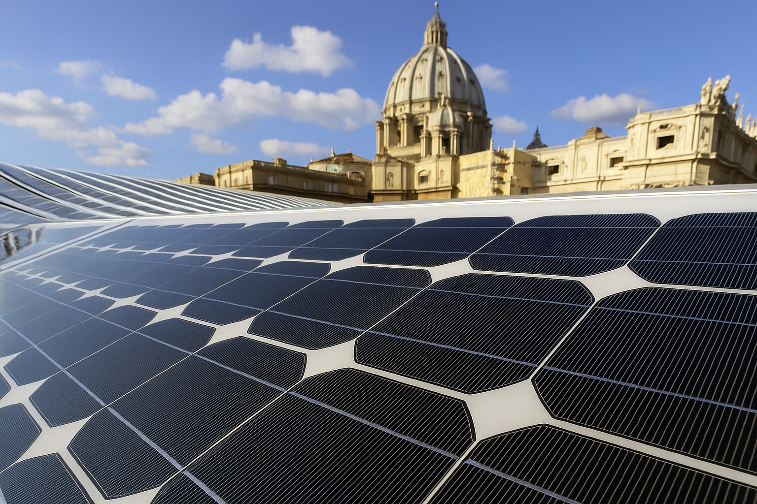 Painéis solares instalados no Vaticano com a Basílica de São Pedro ao fundo em um dia ensolarado com poucas nuvens.