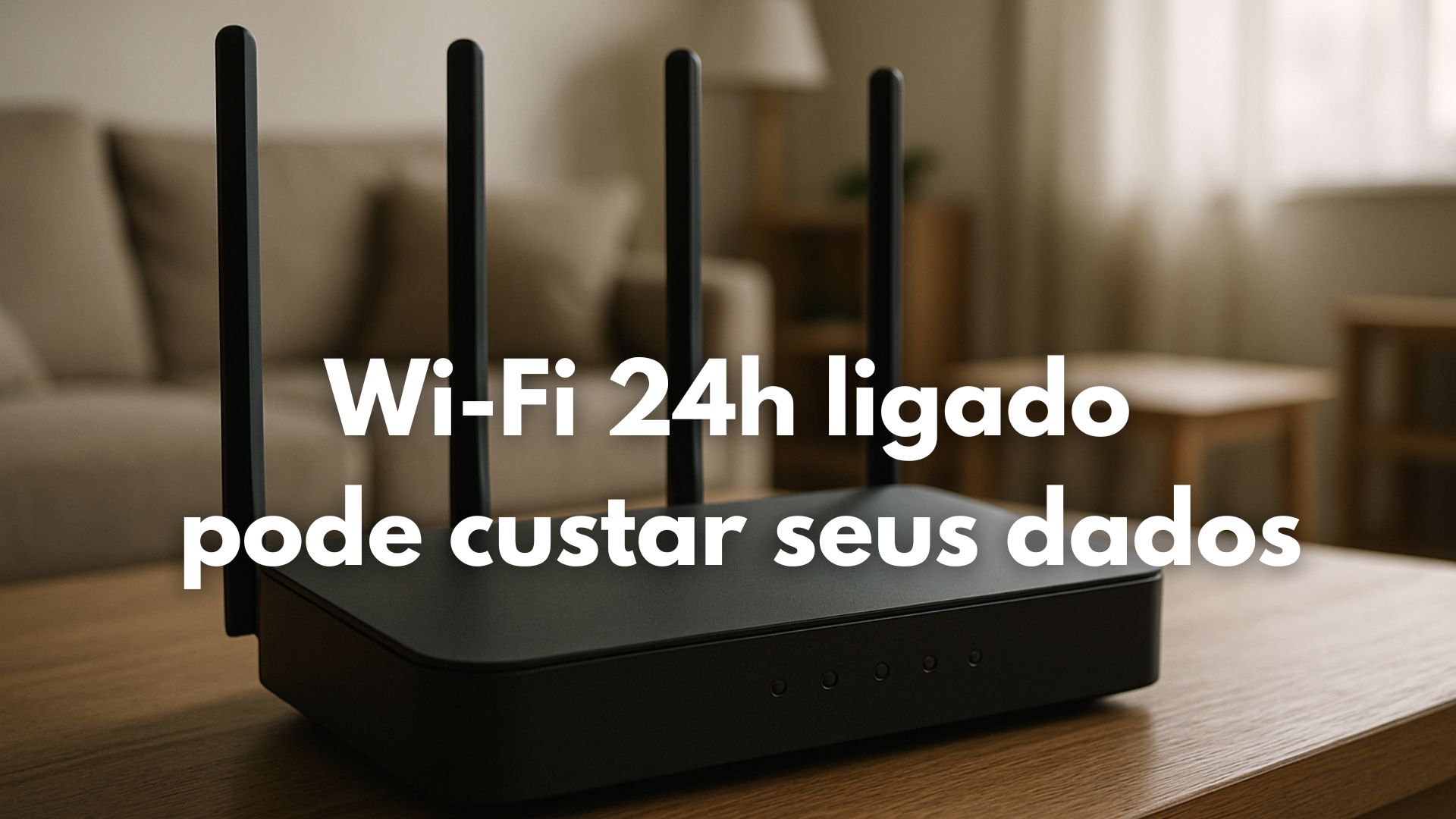 Roteador Wi-Fi doméstico desligado sobre mesa de sala de estar.
