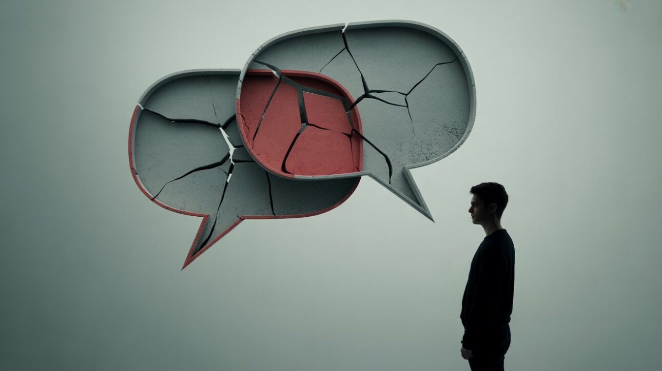 Ilustración conceptual de frases negativas y rigidez emocional, con globos de diálogo fragmentados y una figura aislada. (Imagen: reproducción/IA)