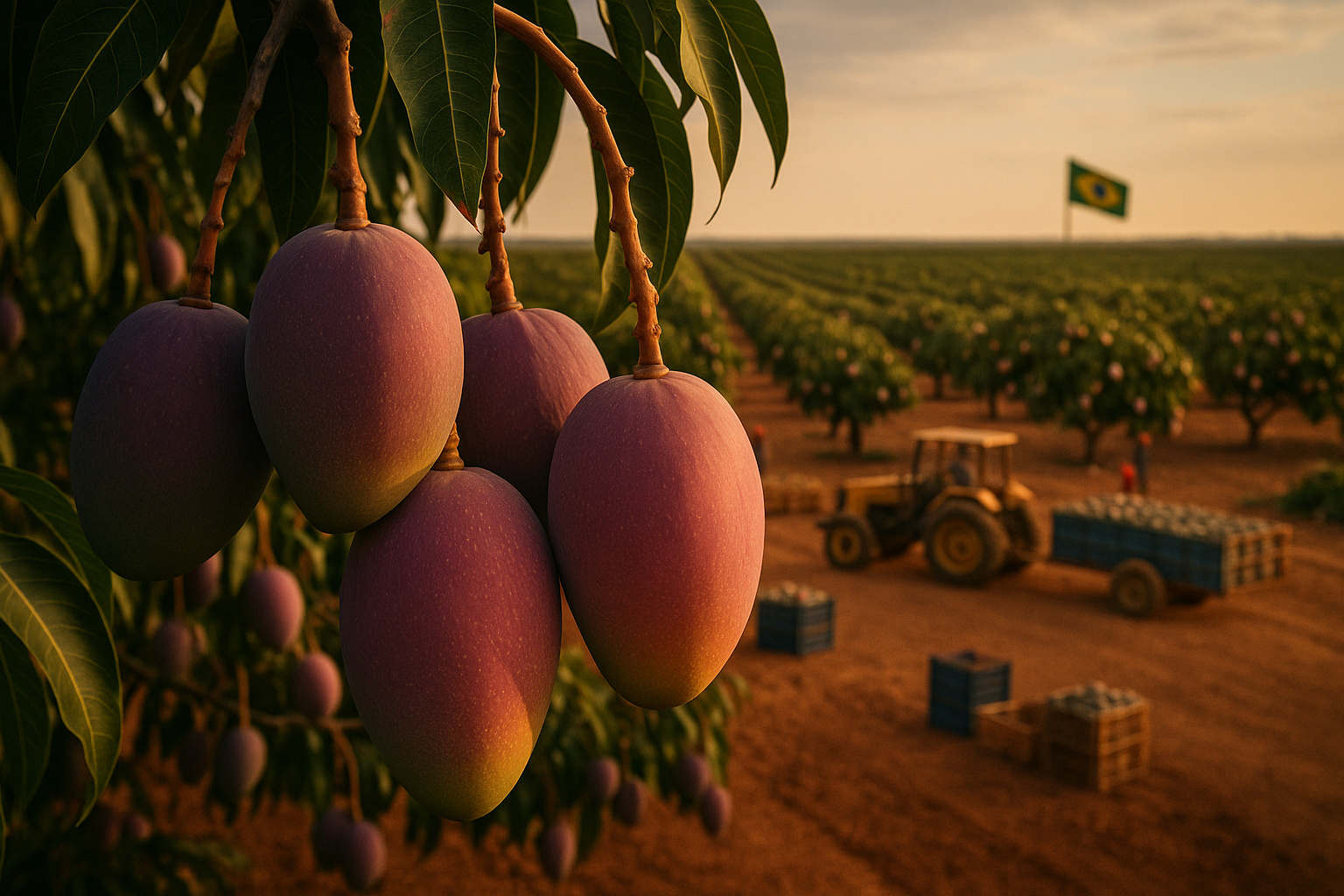 Pé de manga com frutos maduros em destaque e plantação gigante ao fundo em colheita no semiárido nordestino.