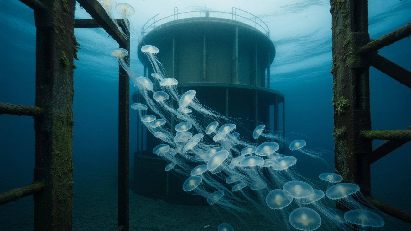 Águas-vivas no sistema de resfriamento da maior usina nuclear da Europa Ocidental, paralisando quatro reatores.