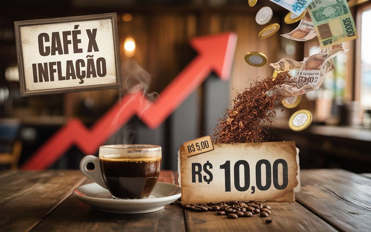 Xícara de café com aumento de preço de R$5 para R$10, moedas encolhendo e notas se desfazendo, ilustrando a inflação