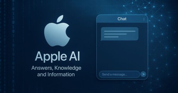 Ilustração mostrando interface do chatgpt da Apple, com logo da empresa, chatbot digital e rede neural ao fundo em estilo tecnológico moderno.