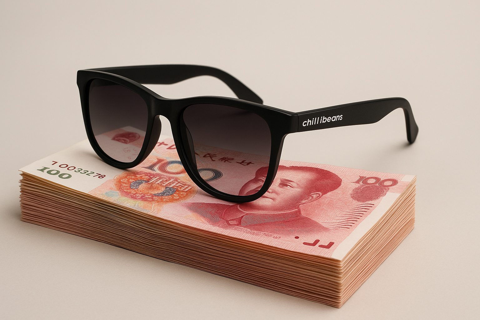Óculos da Chilli Beans sobre notas de yuan chinês.