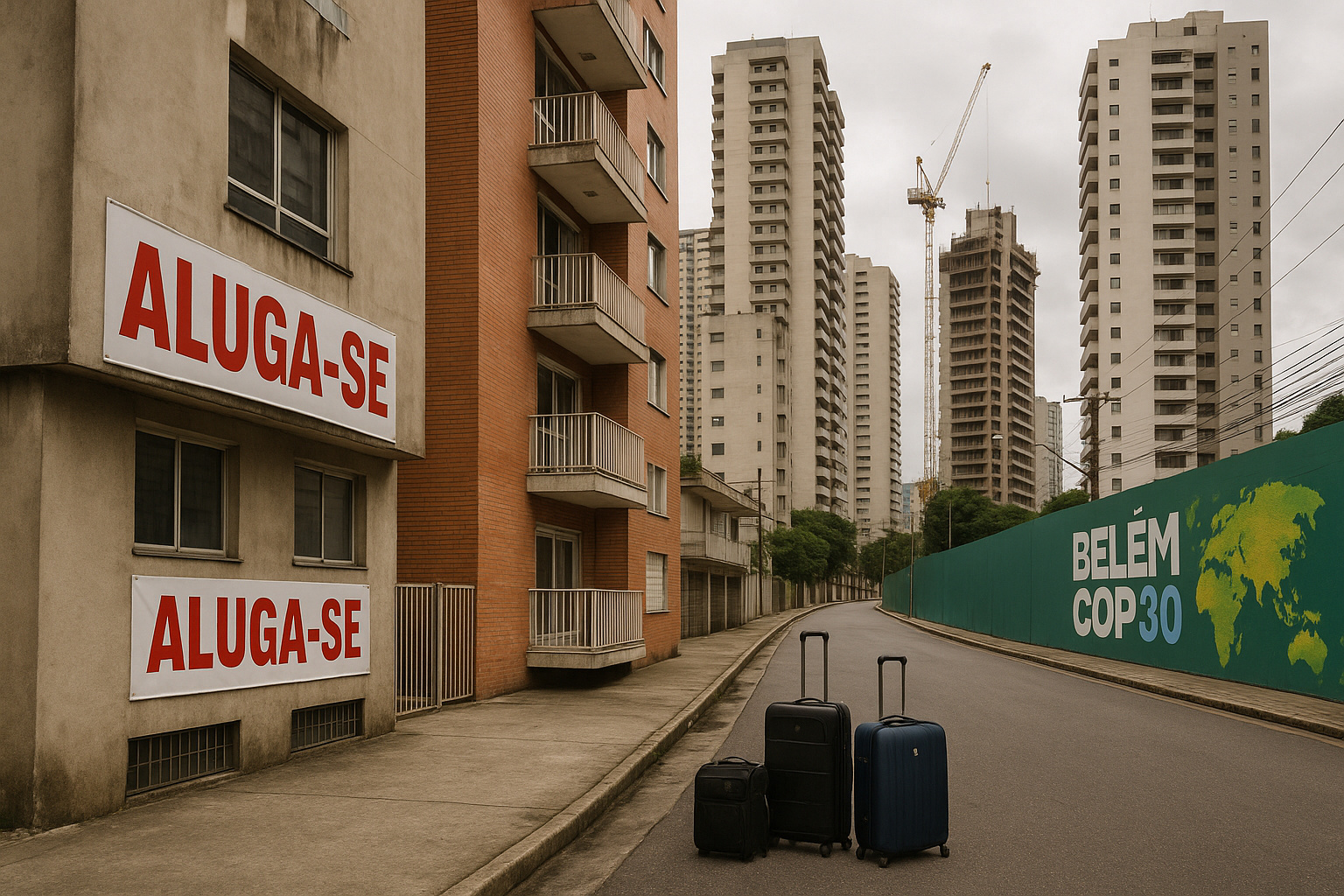 Prédios em Belém com placas de aluga-se e malas de mudança, simbolizando despejos antes da COP30.