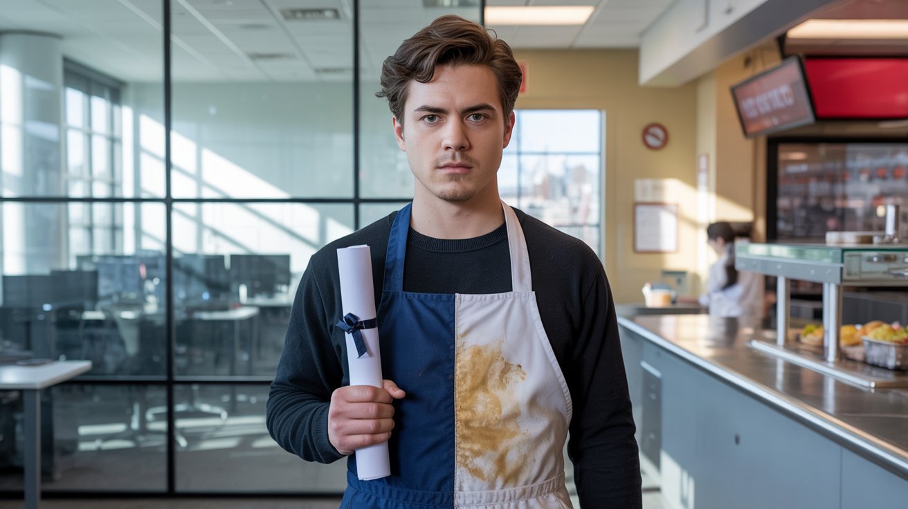 Engenheiro recém-formado com diploma e avental de fast-food, representando o impacto da IA nas contratações.