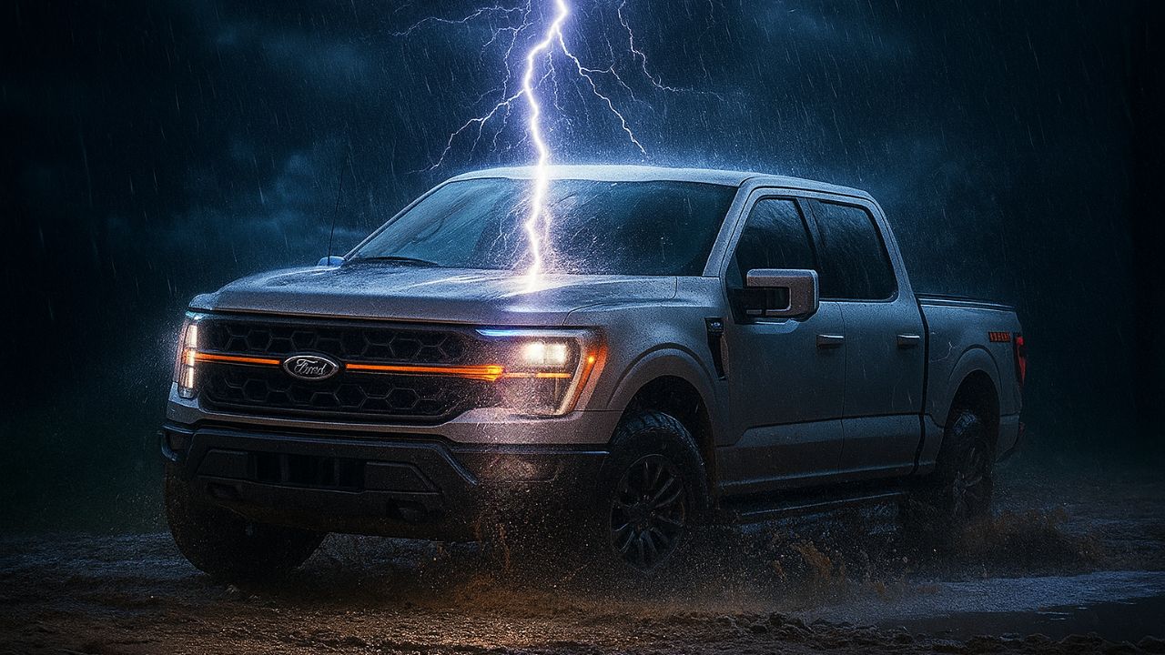 Ilustración generada por IA de una Ford F-50 siendo atingida por un rayo.