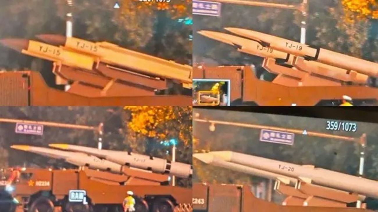Imagens de mísseis hipersônicos chineses YJ-15, YJ-19 e YJ-20 em veículos de transporte militar durante desfile noturno em Pequim.