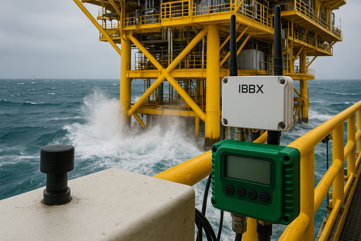 Plataforma offshore com sensores inteligentes e gateway de monitoramento preditivo da Nexio e IBBX em operação no setor de óleo e gás.