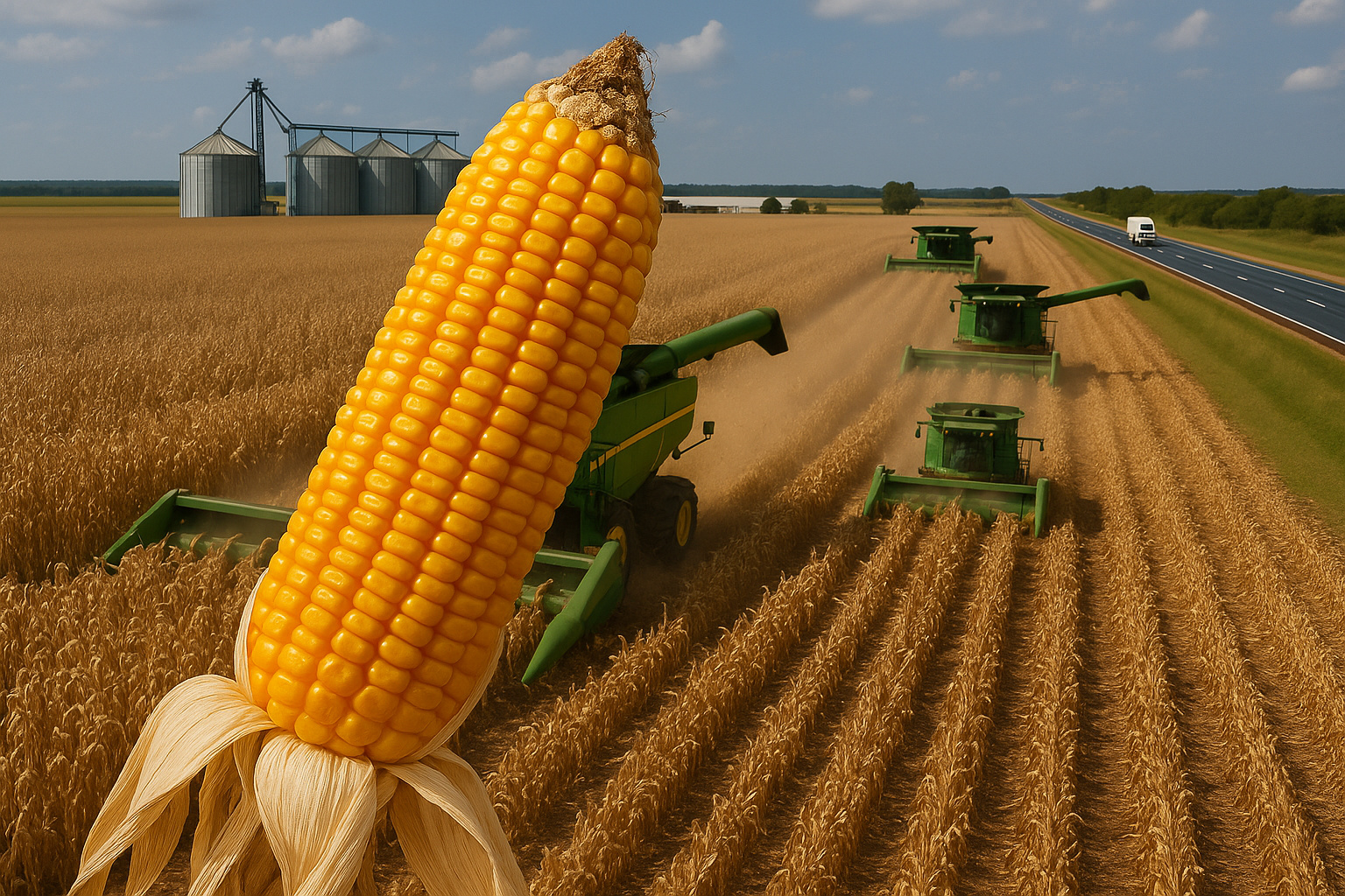 Colheita mecanizada de milho em Sorriso, Mato Grosso, maior produtora do Brasil.