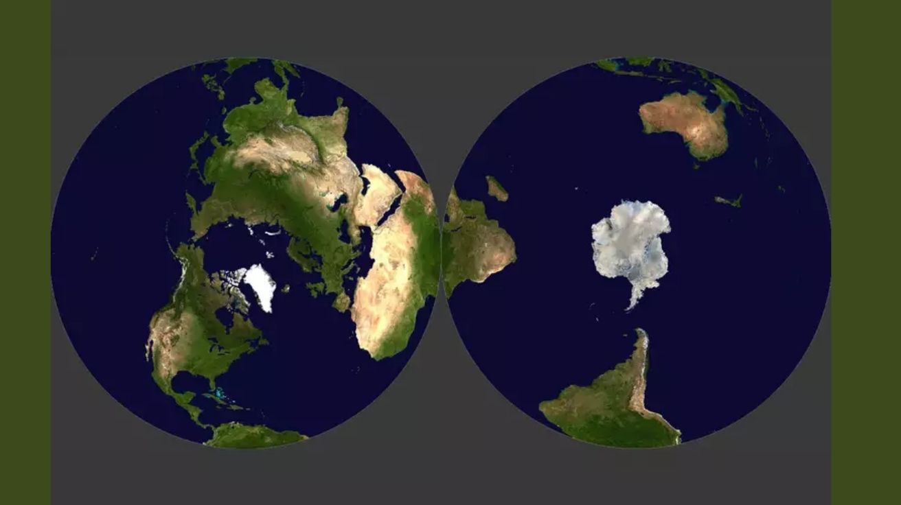 Mapa da Terra em formato de disco com hemisférios norte e sul em lados opostos.