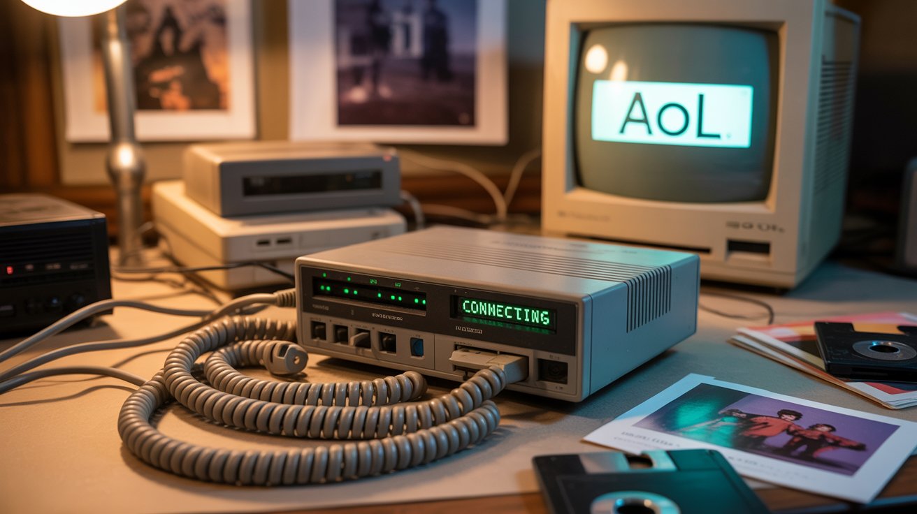 modem AOL, internet discada, tecnologia dos anos 90, conexão telefônica.