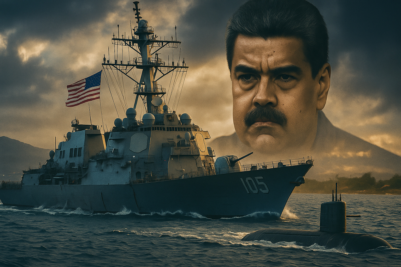 Navio de guerra americano no Caribe com costa da Venezuela ao fundo