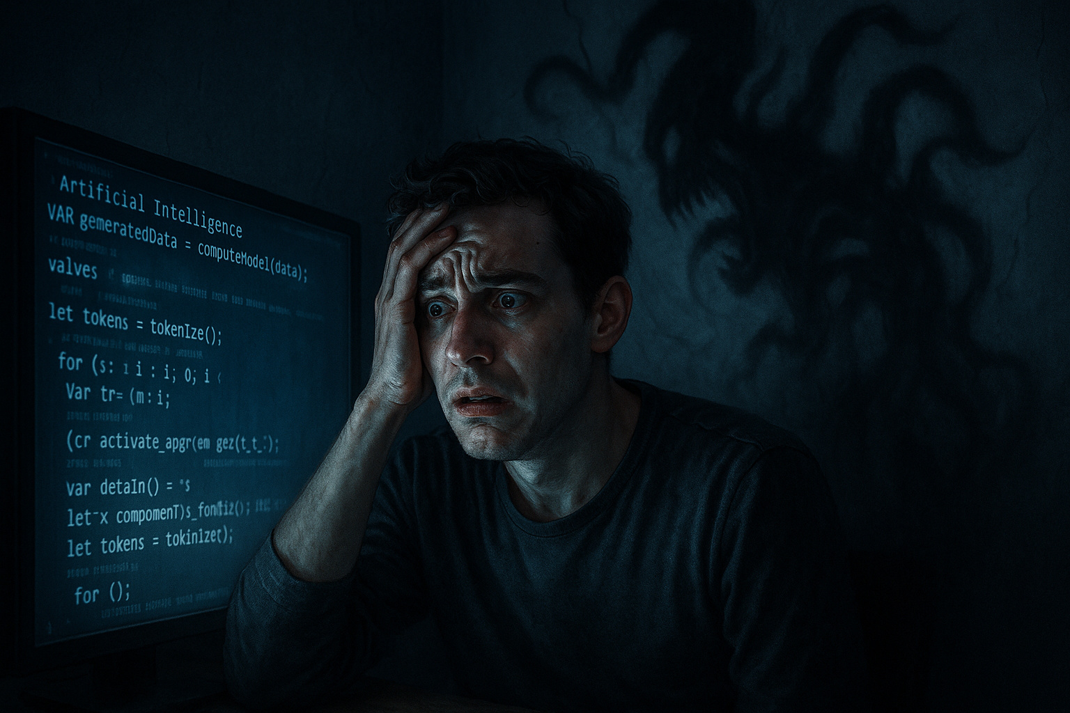 Pessoa confusa diante de tela de inteligência artificial com sombras distorcidas simbolizando delírios digitais.