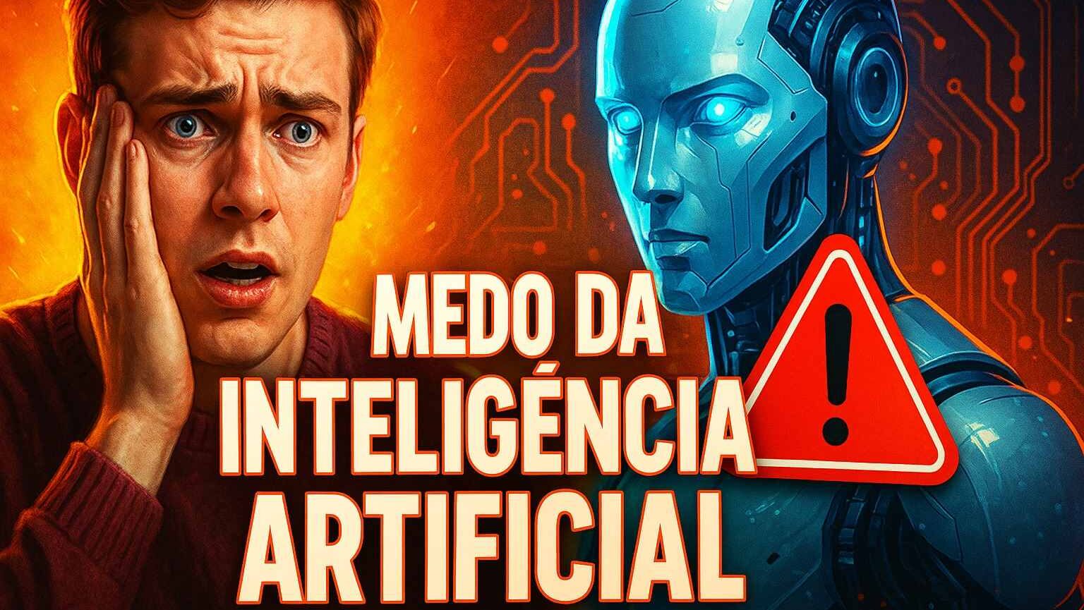 Jovem pensativo em cenário urbano ao lado de ilustração de cérebro digital, simbolizando medo da inteligência artificial.