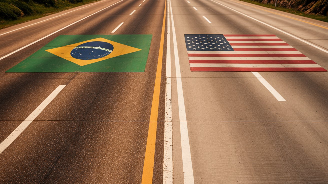 Rodovia americana de concreto comparada a rodovia brasileira de asfalto deteriorada.