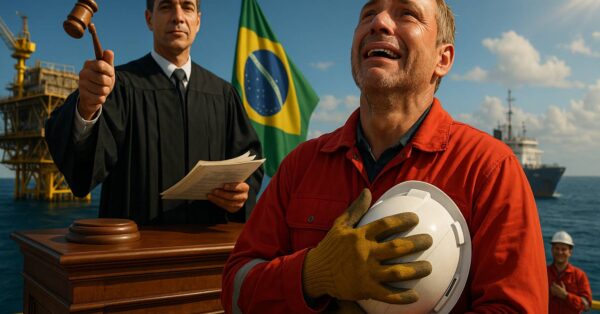 Supervisor offshore emocionado celebra vitória na Justiça do Trabalho com juiz dando sentença favorável em frente a plataforma de petróleo.
